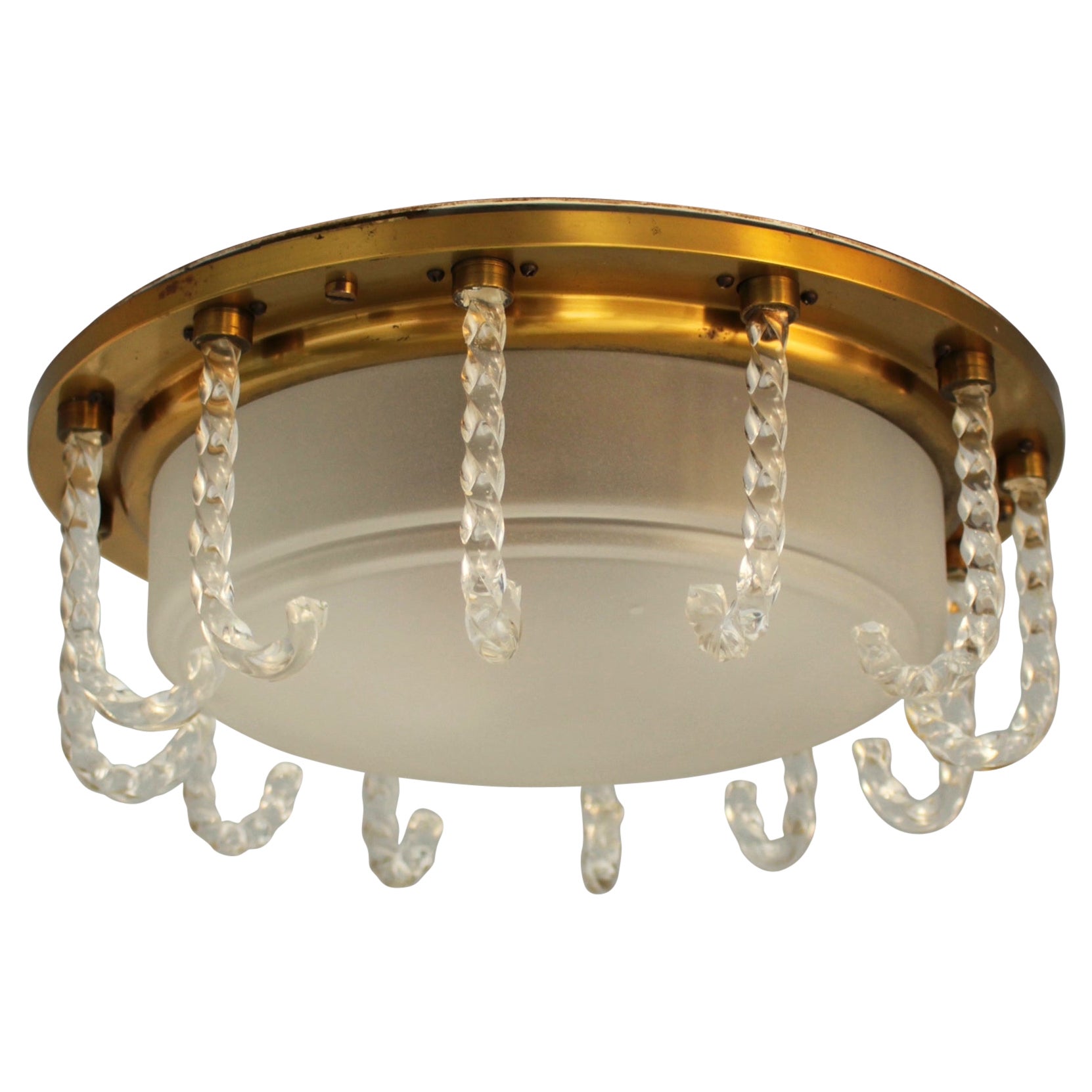 Rare Fine French 1950s Glass and Brass Flush Mount by Leleu