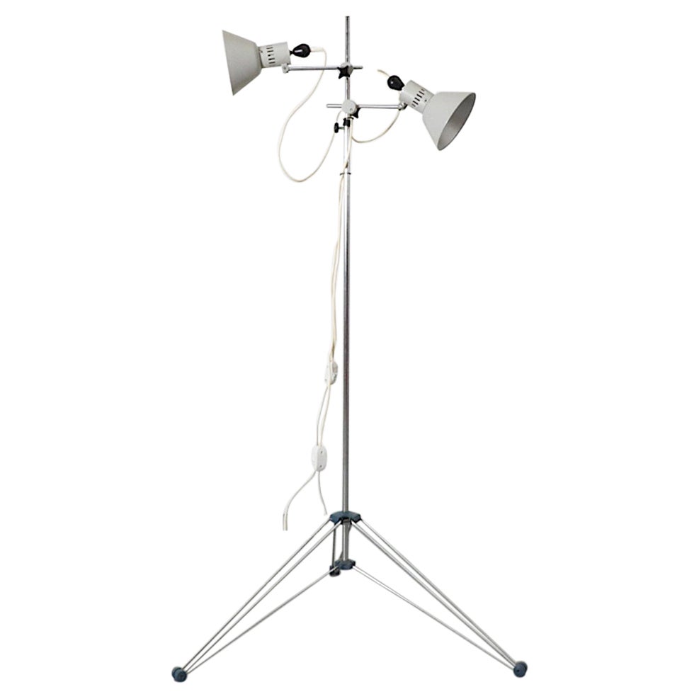 Mid-Century Industrial Floor Lamp with Double Spots and Collapsible Tripod Base