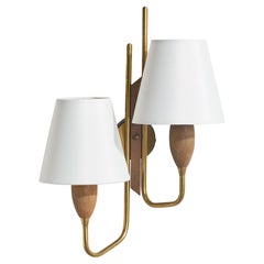 Norwegische Designerin, Wandleuchte, Messing, Teakholz, Stoff, Norwegen, 1950er Jahre