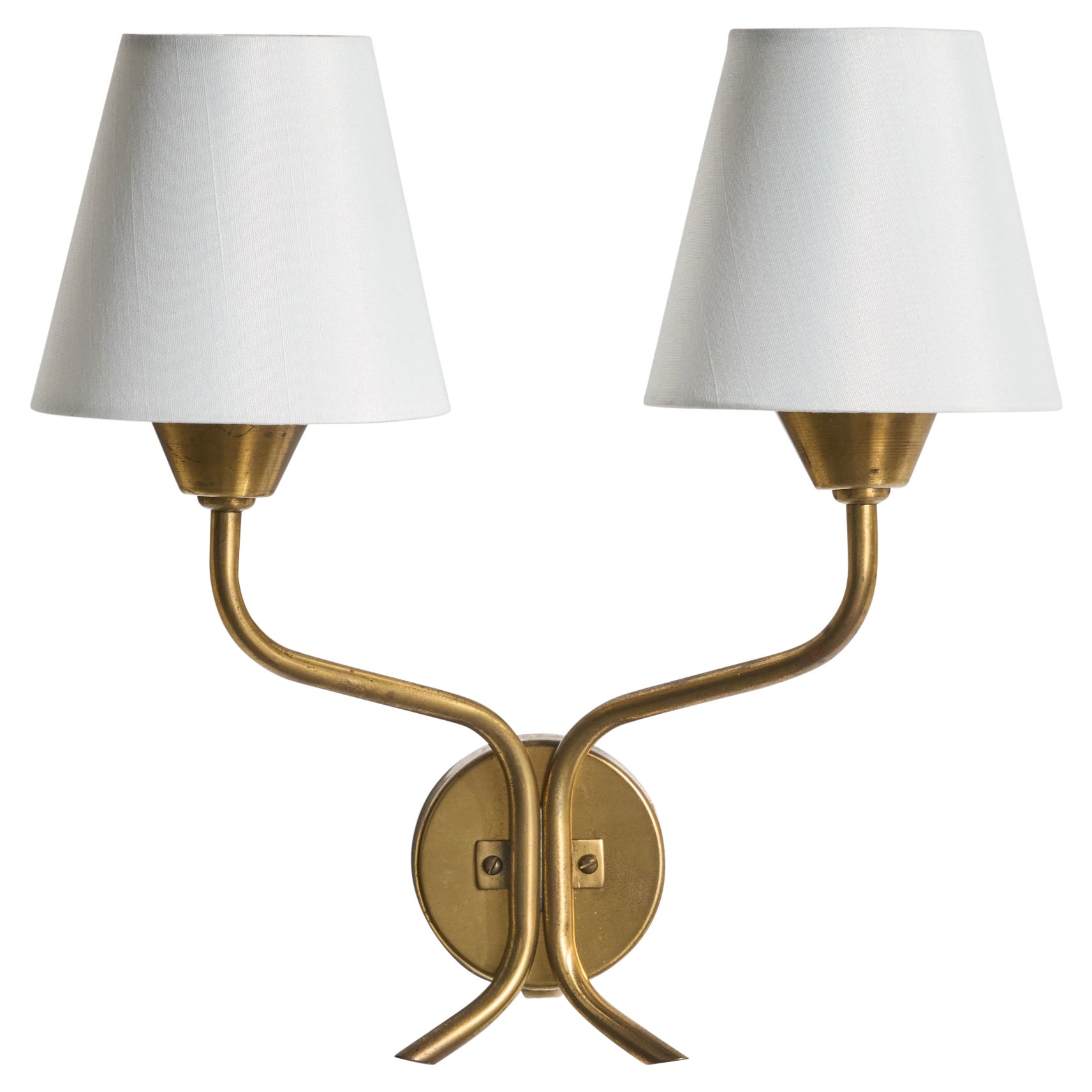Lampada da parete di design svedese, ottone, tessuto, Svezia, anni '50