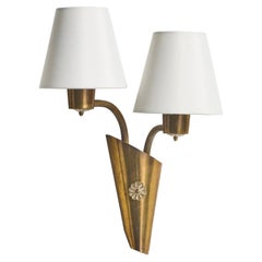 Norwegian Designer, Wall Light, Brass, Fabric, Norway, 1950s
