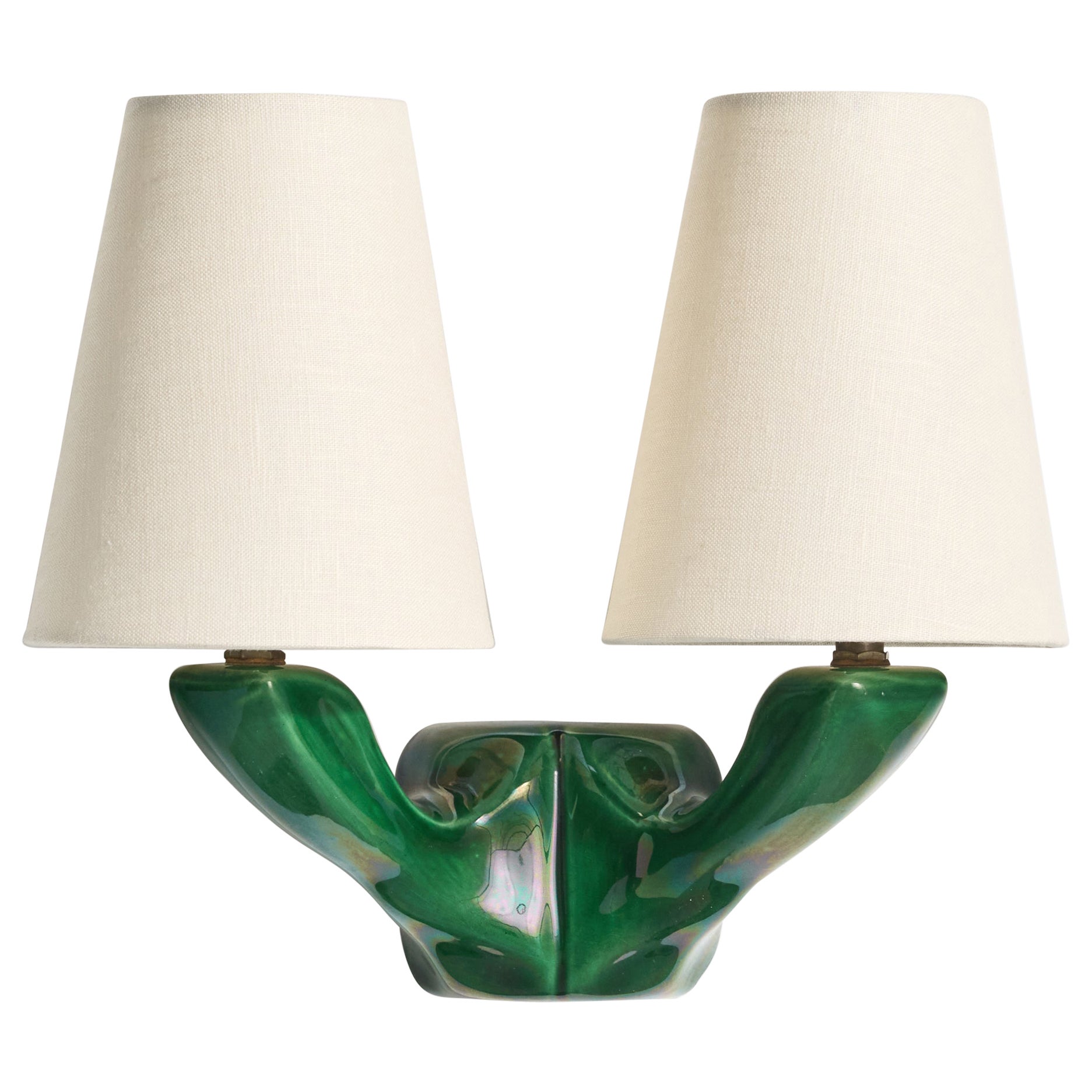 French Designer, Wall Light, Ceramic, Brass, Fabric, France, 1950s