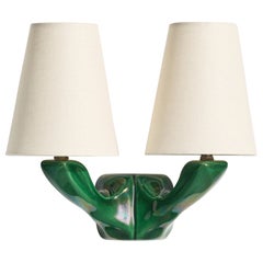 French Designer, Wall Light, Ceramic, Brass, Fabric, France, 1950s