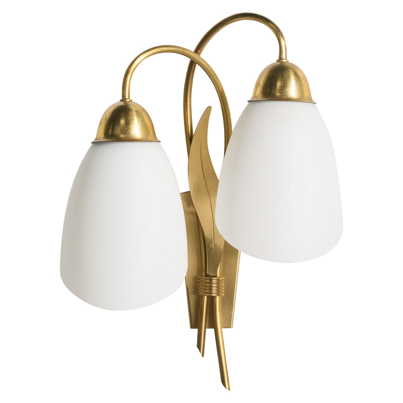 Swedish Designer, Wall Light, Brass, Glass, Sweden, 1950s