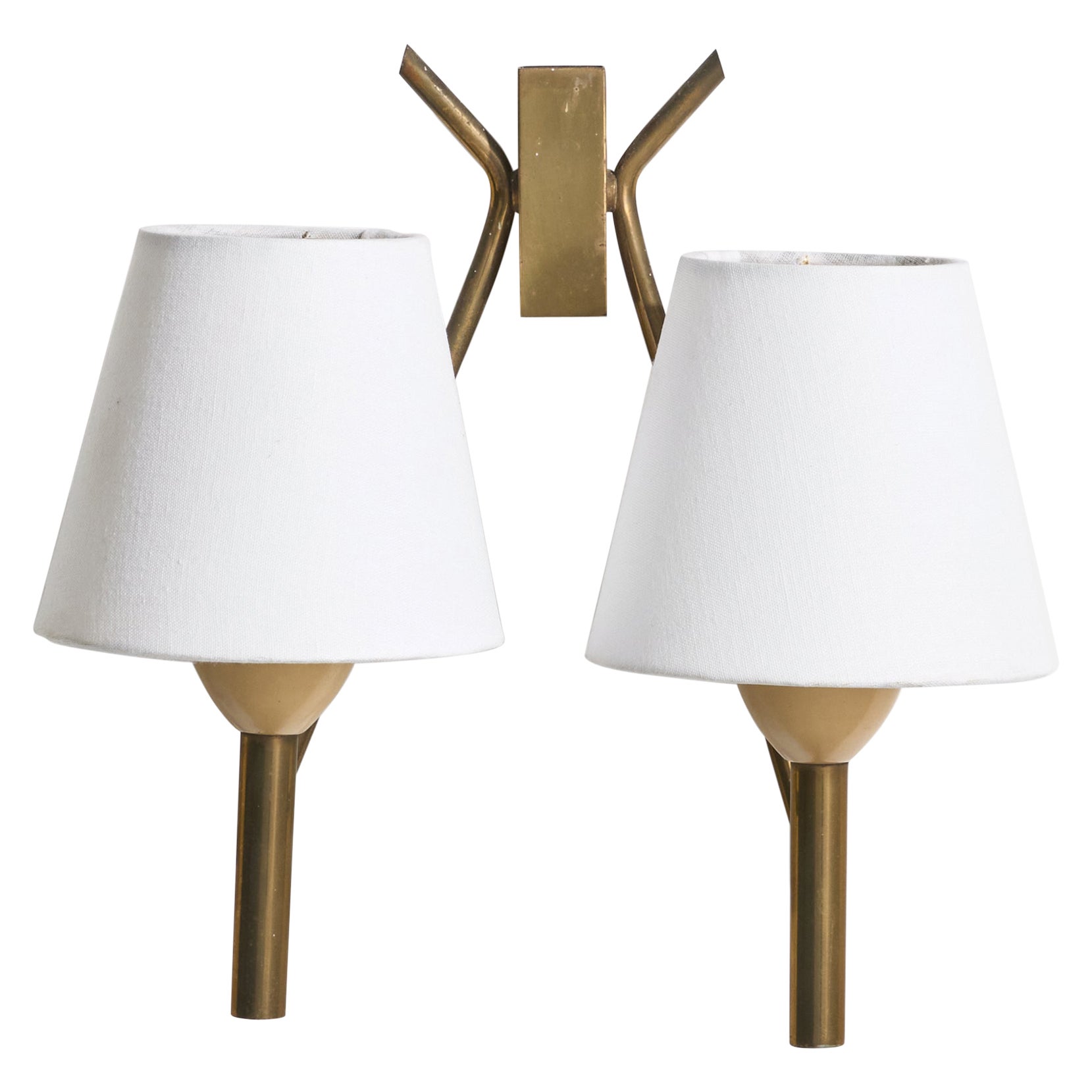 Italian Designer, Wall Light, Brass, Metal, Fabric, Italy 1940s For Sale