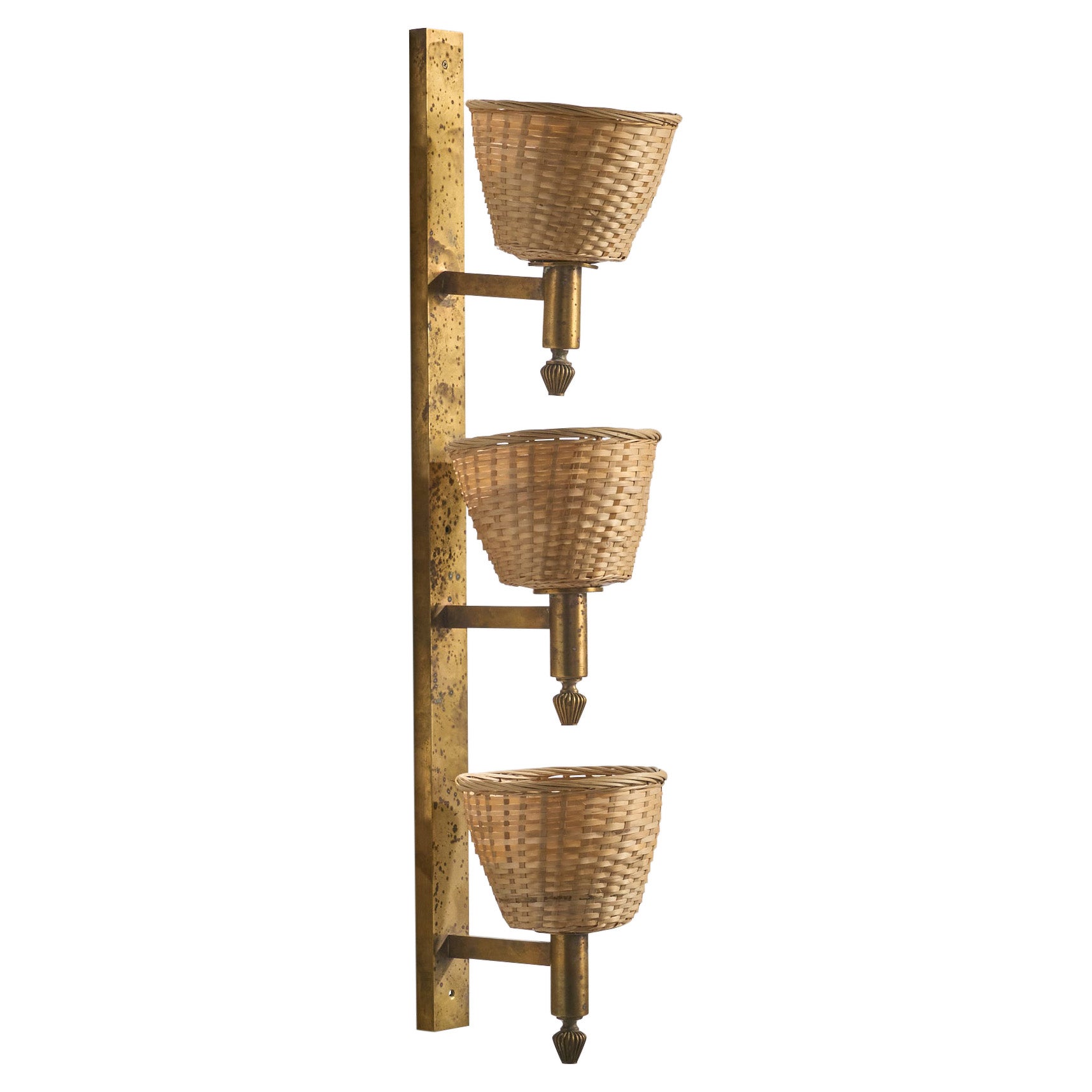Lampada da parete di design italiano, ottone, rattan, Italia, anni '1930