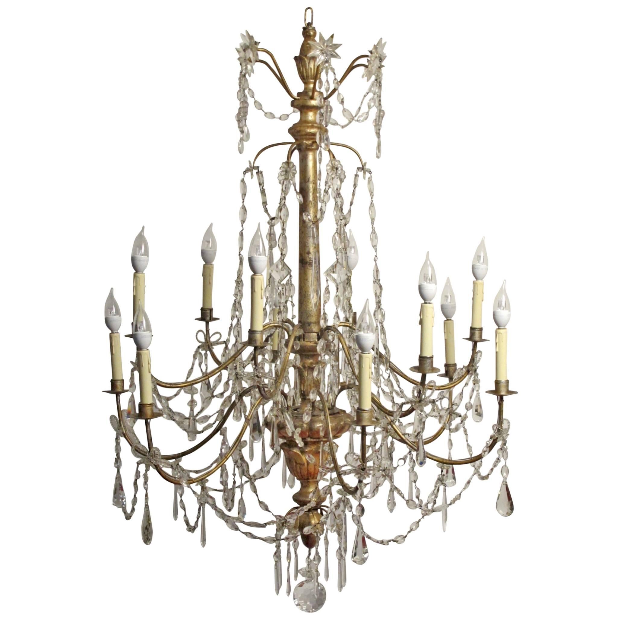 Large Silver Gilt Wood, Iron, and Crystal Chandelier, Italian 18th Century For Sale