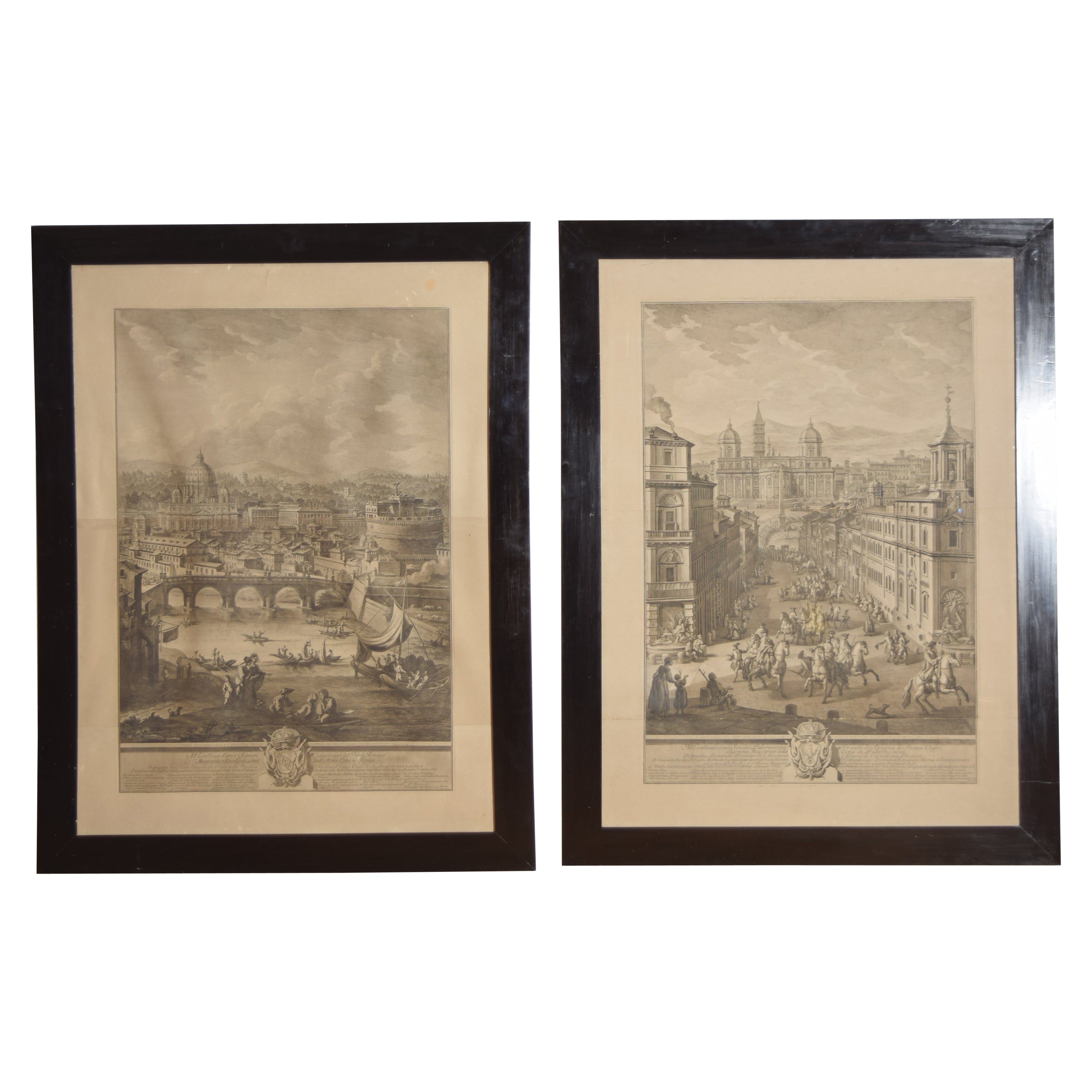 Paire de grandes gravures architecturales italiennes encadrées, vues de Rome, début du 19e siècle en vente