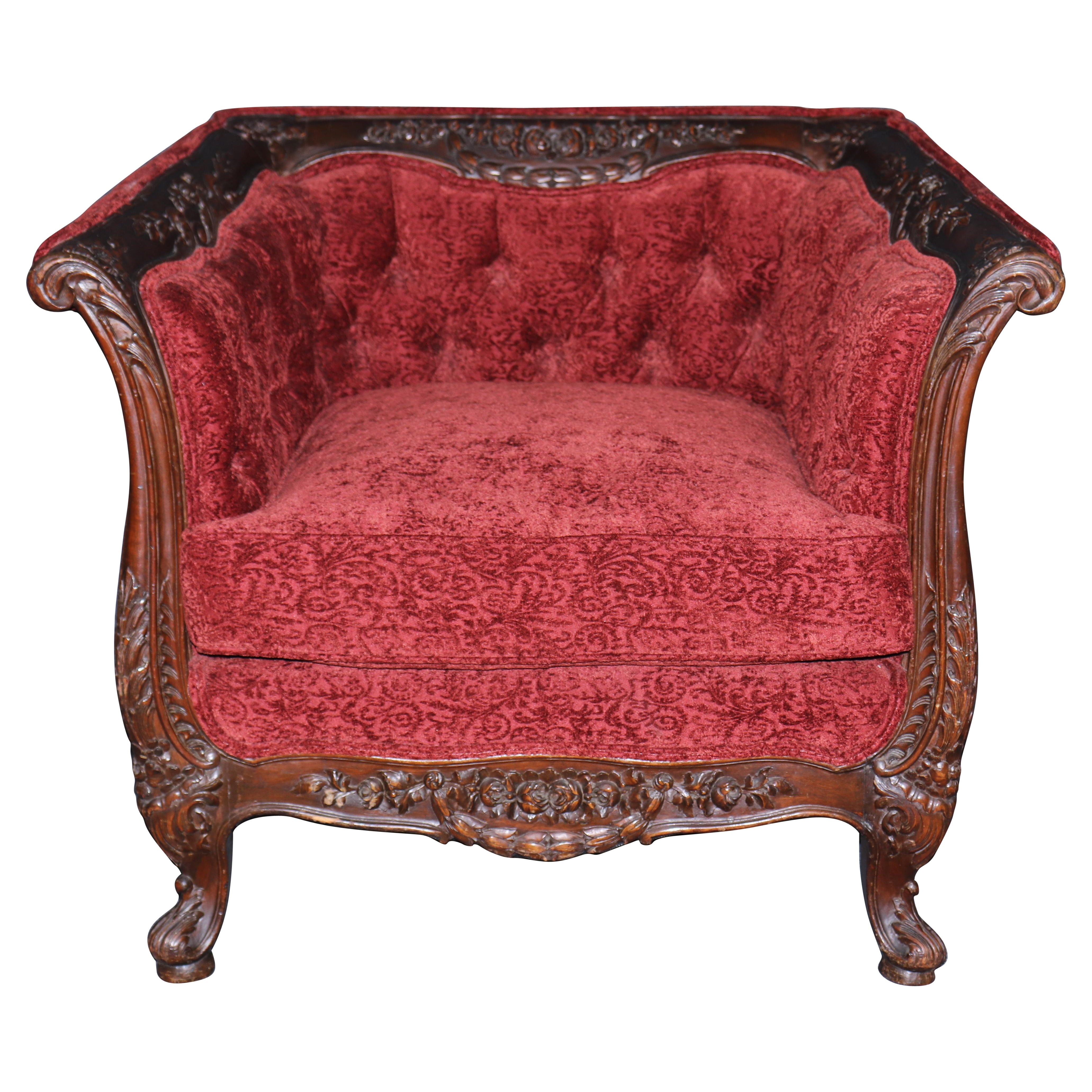 Fine Quality Carved French Louis XV Walnut Square Back Bergere Chair