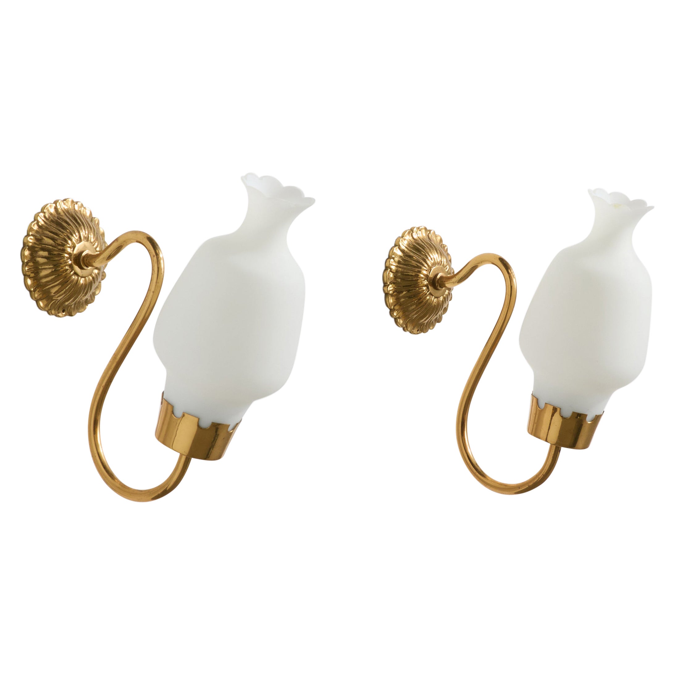 French Designer, Wall Lights, Brass, Glass, France, 1960s For Sale