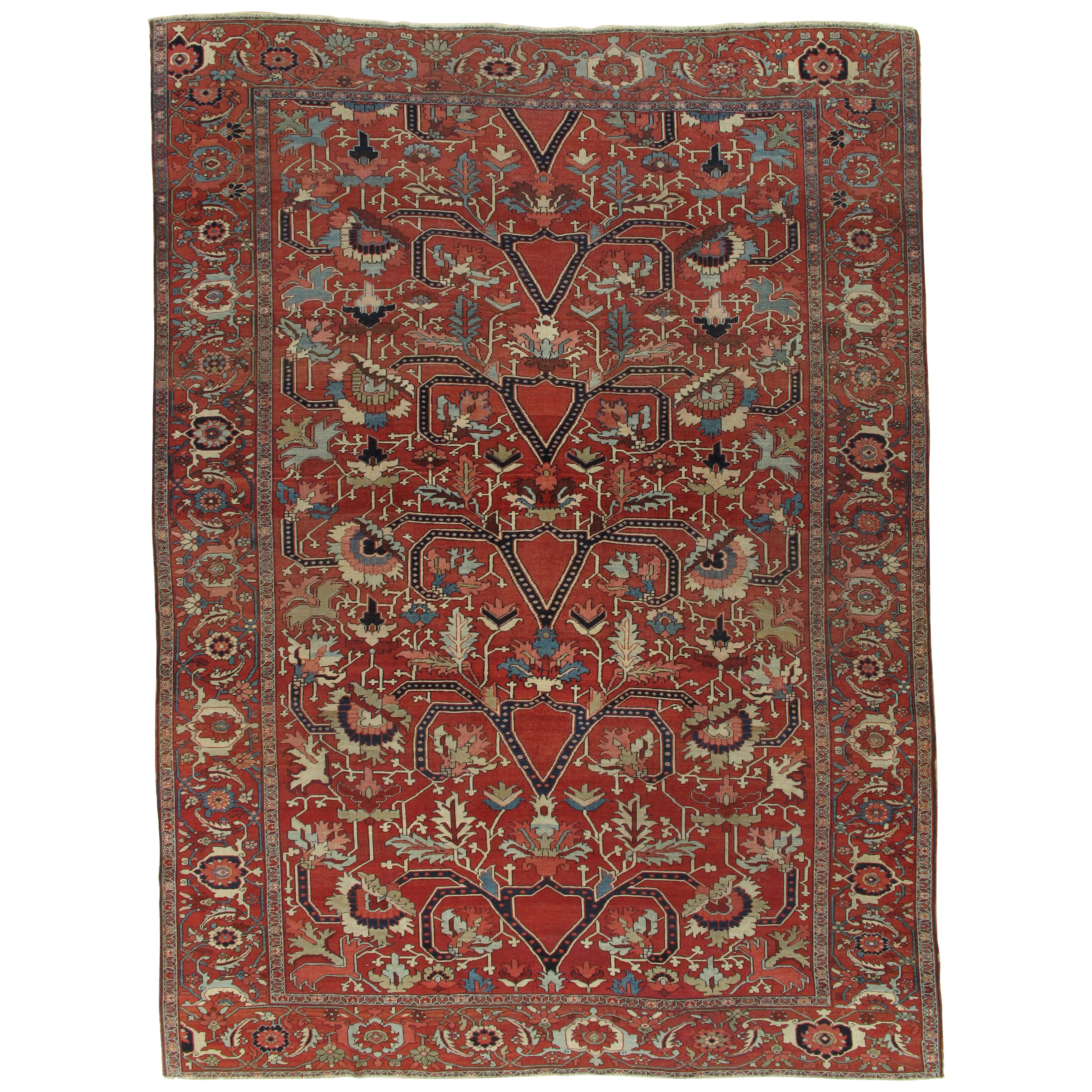 Antiker persischer Serapi-Teppich, handgefertigter orientalischer Teppich aus Wolle, Rost, Elfenbein, Hellblau, Hellblau