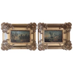 Pair of 19th Century Framed & Signed Oil on Panel Paintings "Walk by the Lake"