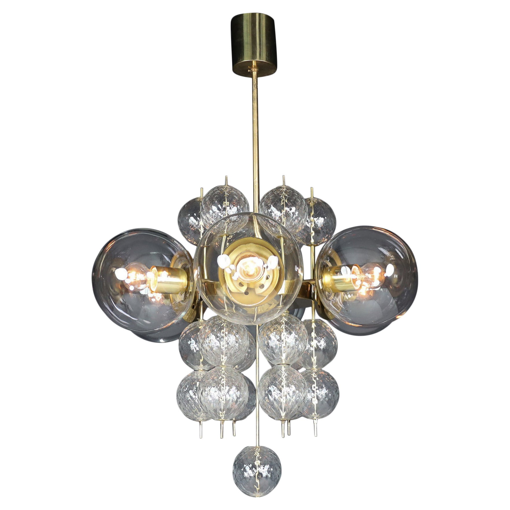 Mid-Century Chandelier with Brass Fixture and  Glass Globes by Preciosa, Czechia