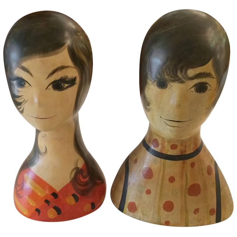 Authentic Pair of Handpainted Hat Mannequins at 1stdibs