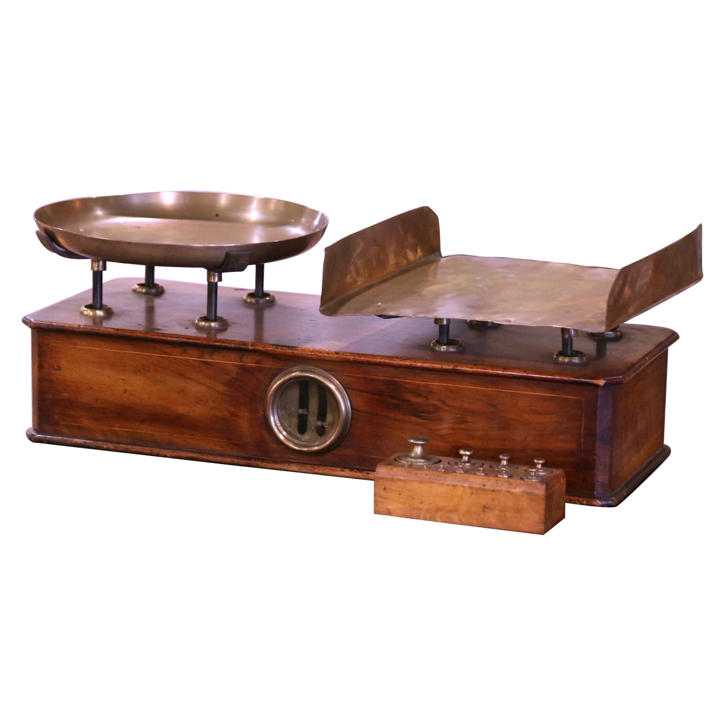 19th Century French Napoleon III Walnut and Brass Scale with Set of Weights