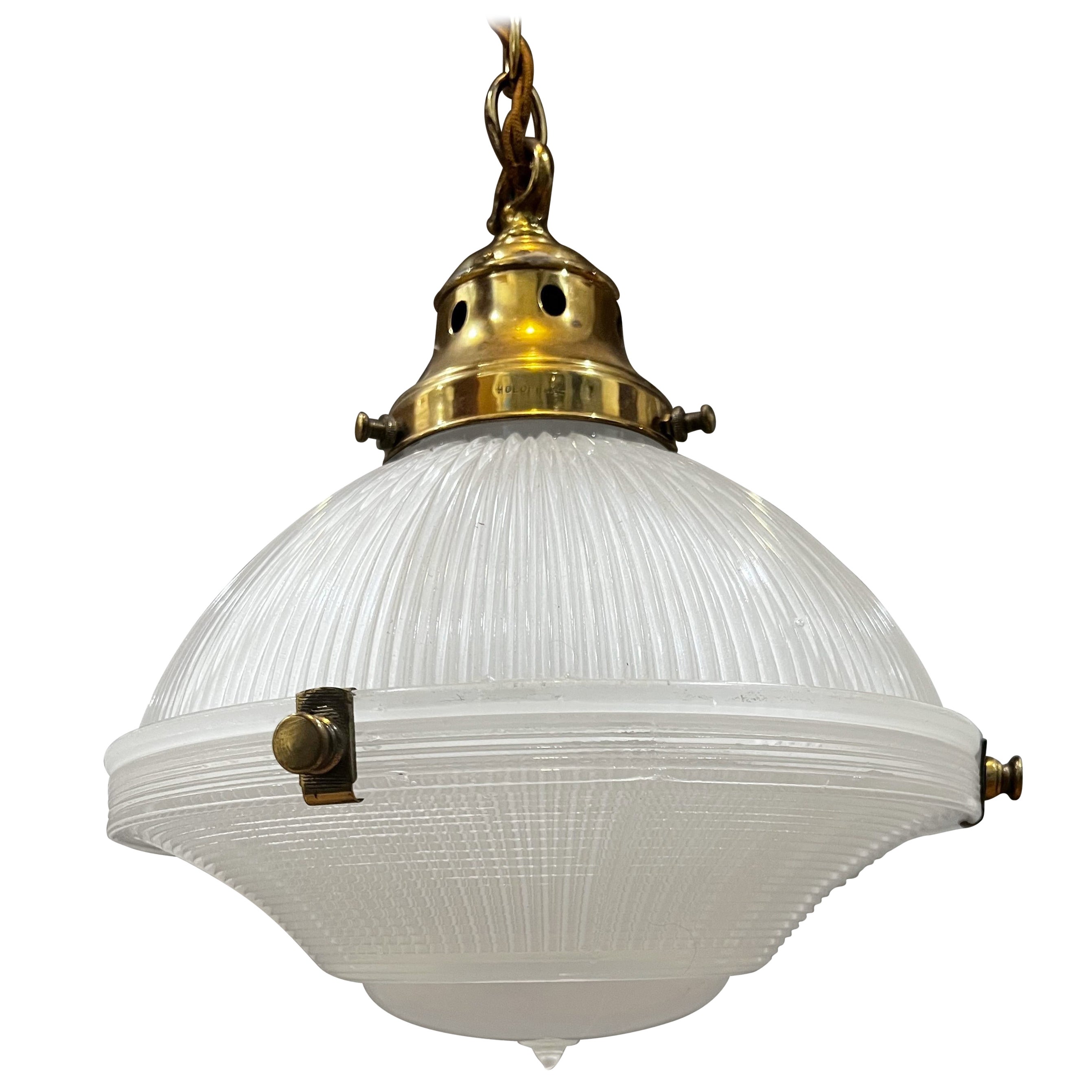 Antique Holophane Prismatic Glass Brass Pendant Light