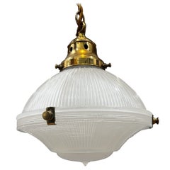Antique Holophane Prismatic Glass Brass Pendant Light