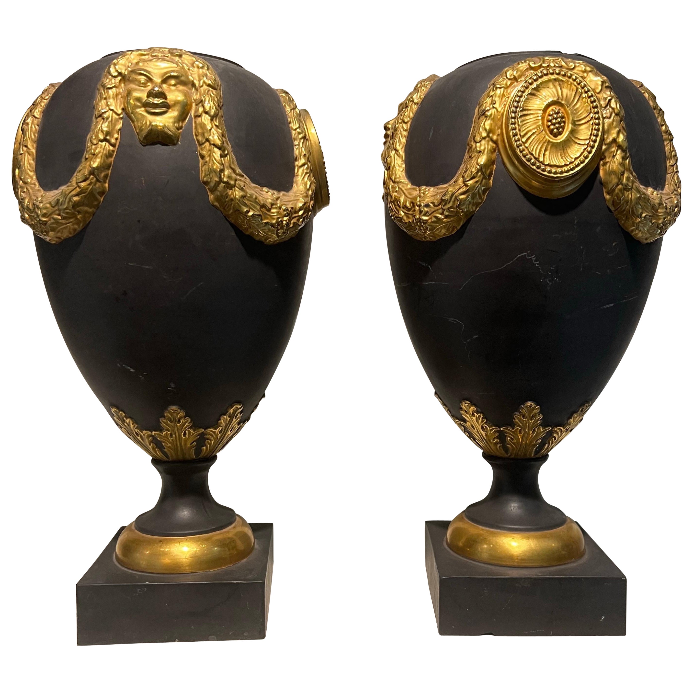 Pair of Italian Basalt with Gold Gilt Ormolu Urn/Vases - Wedgewood Style For Sale