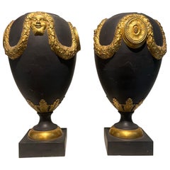 Antique Pair of Italian Basalt with Gold Gilt Ormolu Urn/Vases - Wedgewood Style
