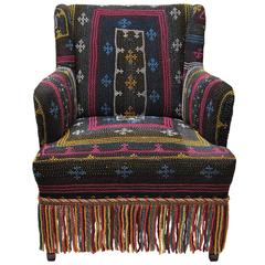 Vintage European Club Chair Newly Upholstered in Snake Charmer's Pakistan Quilt