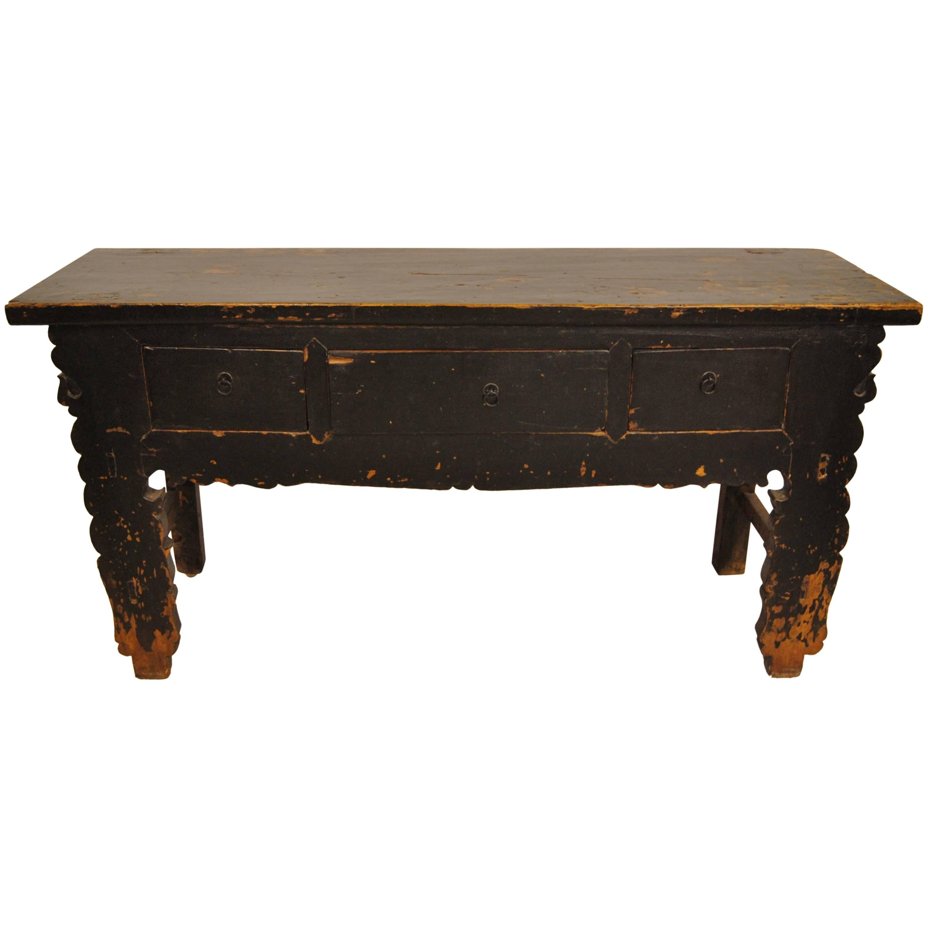 Antique Chinese Elmwood Sideboard with Scaloped Spandrels, circa 1900 For Sale