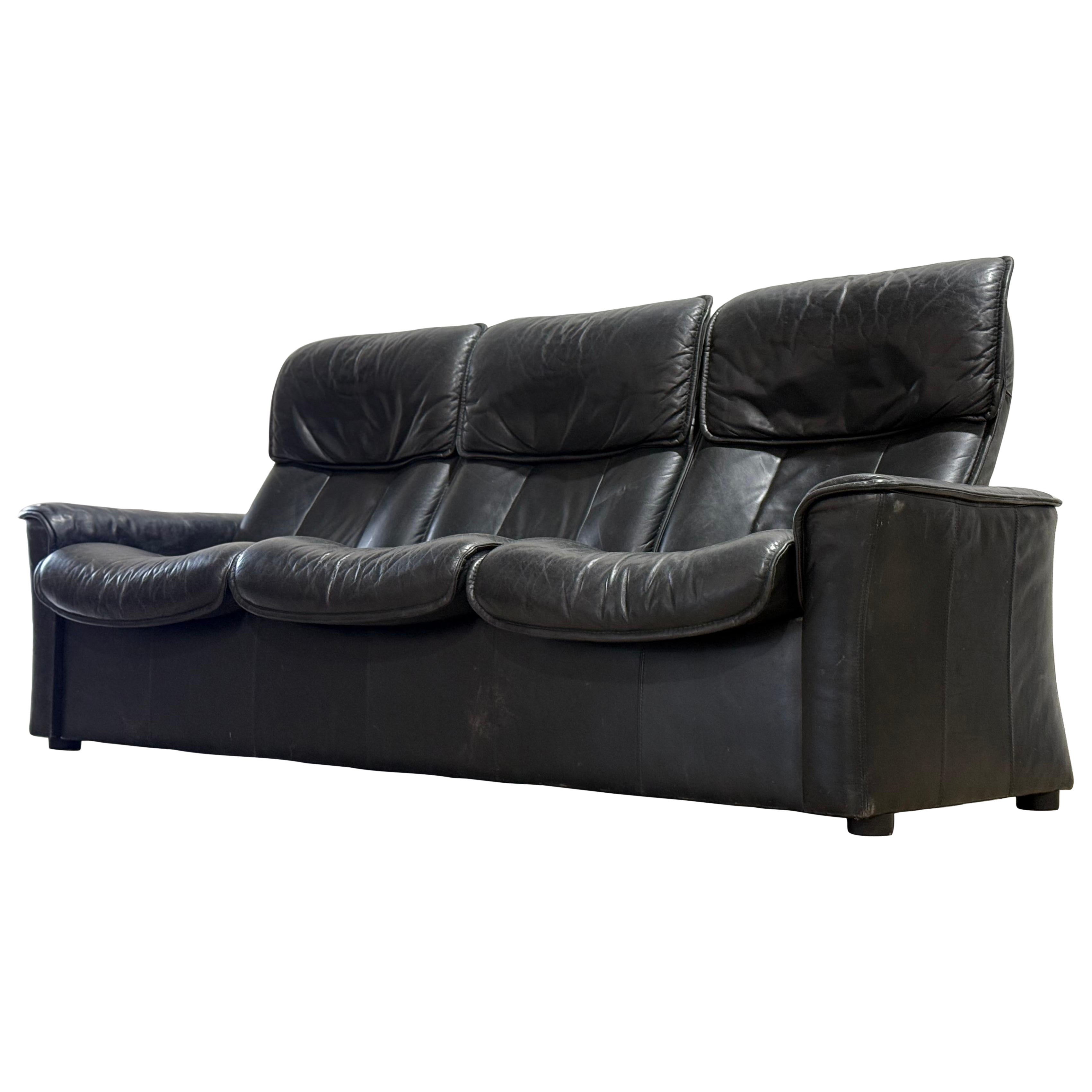 Vintage Ekorness Reclining Black Leather Sofa - Scandinavian Midcentury Couch