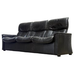 Vintage Ekorness Reclining Black Leather Sofa - Scandinavian Midcentury Couch