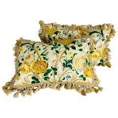 Vintage Clarence House floral cotton tasseled lumbar pillows/pair