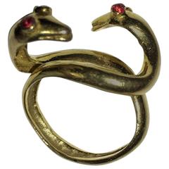 Art Deco 18-Karat Gold Double Headed Ruby Eyes Snake Ring 