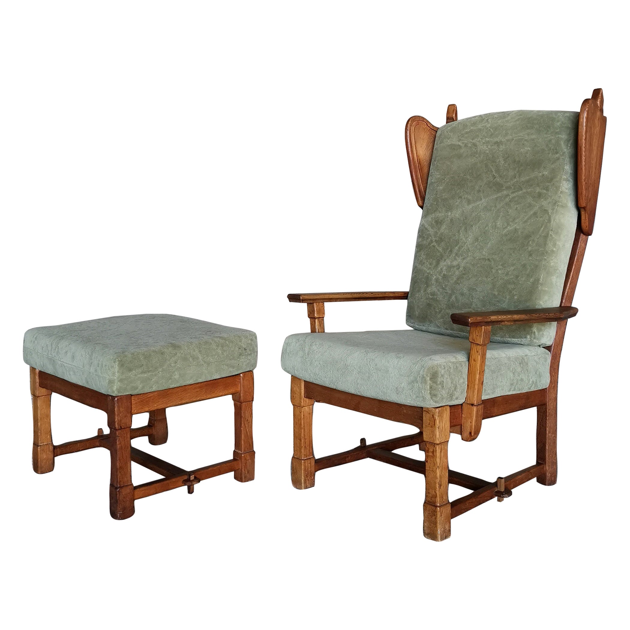 Guillerme et Chambron Wingback Chair  & Stool, Solid Oak & Velvet, France 1960s