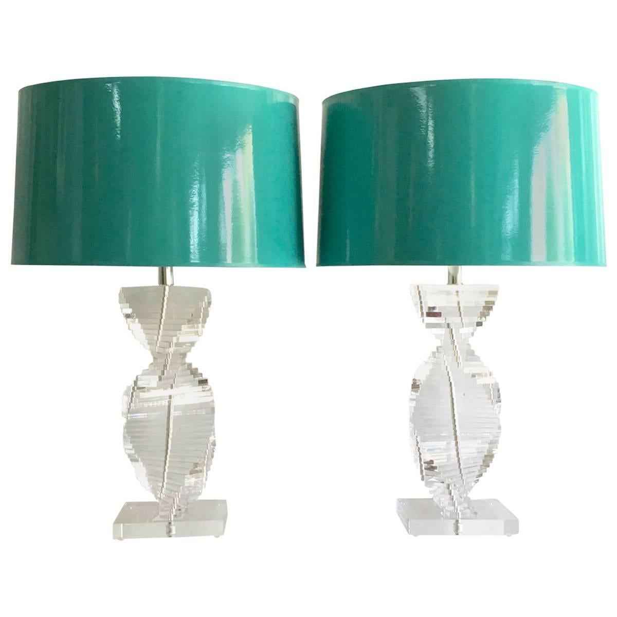 Pair of 70's Karl Springer Style Lucite Spiral Lamps with Shades