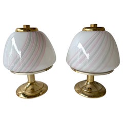 Pair of Mushroom Lamps Brass and Murano Glass by F. Fabbian, Italy, 1970s