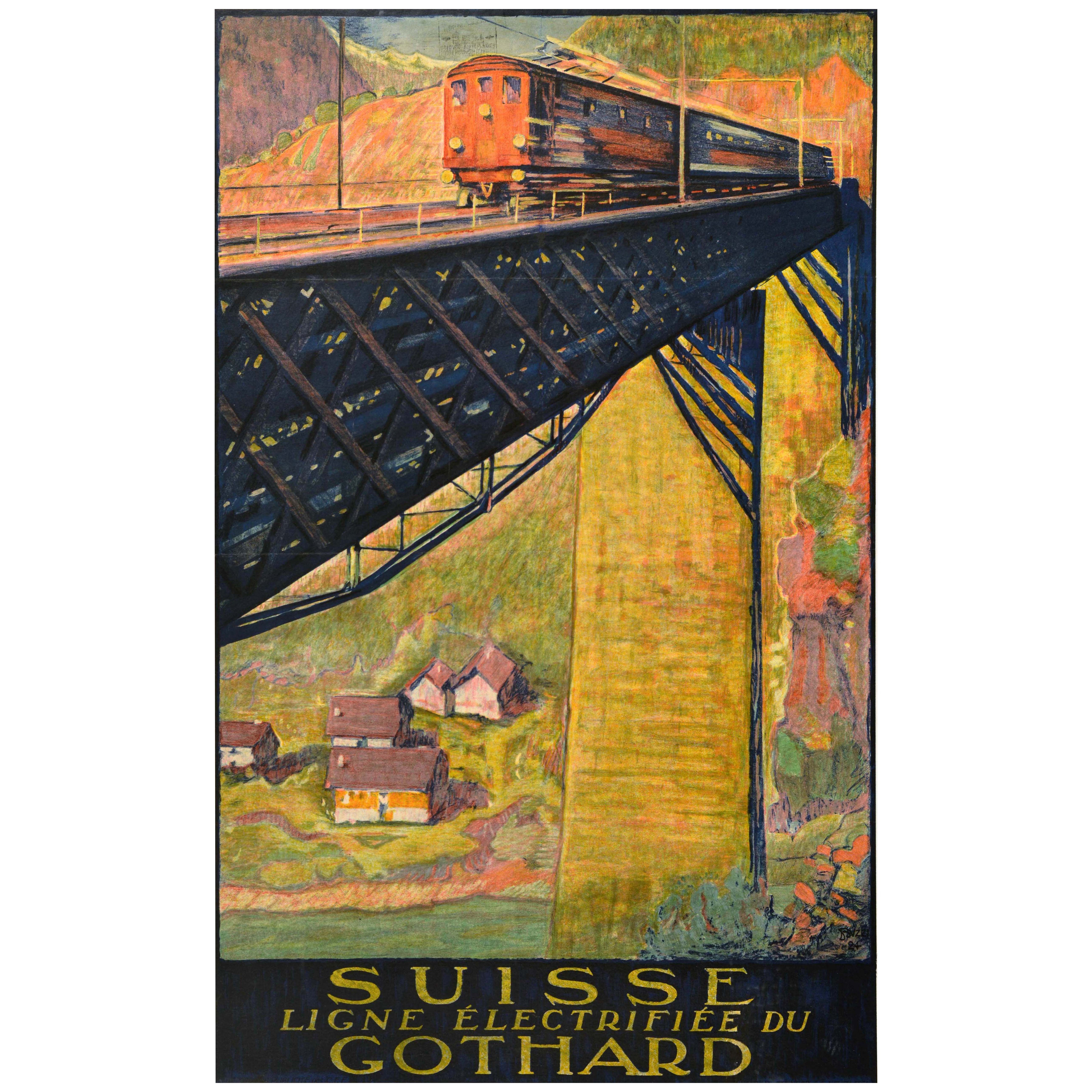 Original Antique Travel Poster Suisse Ligne Electrifiee Du Gothard Electric Rail