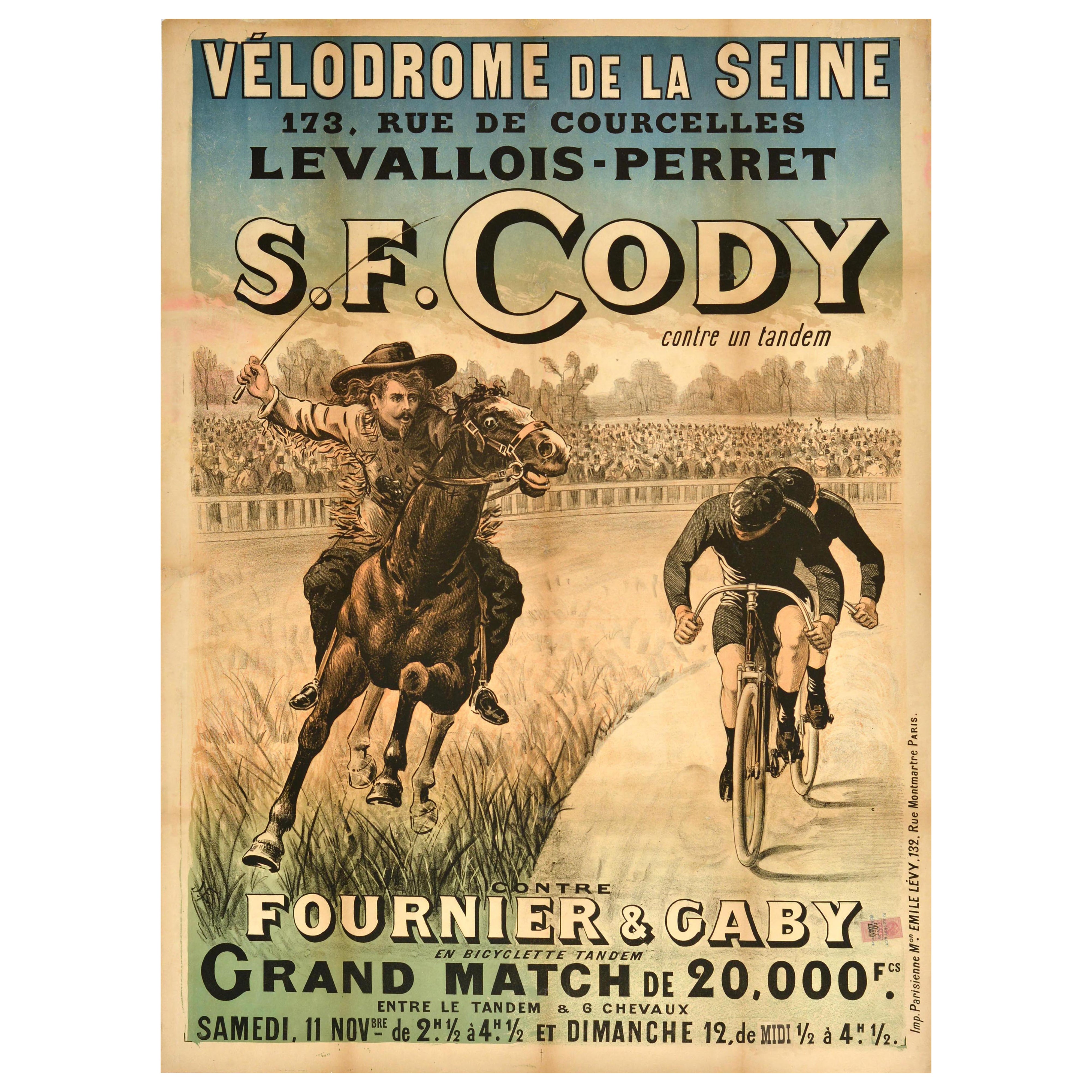 Póster deportivo original antiguo SF Cody Fournier Gaby Caballo Tándem Carreras ciclistas