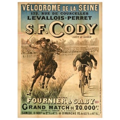 Original Antikes Sportplakat SF Cody Fournier Gaby Pferd Tandem Radrennen, SF Cody