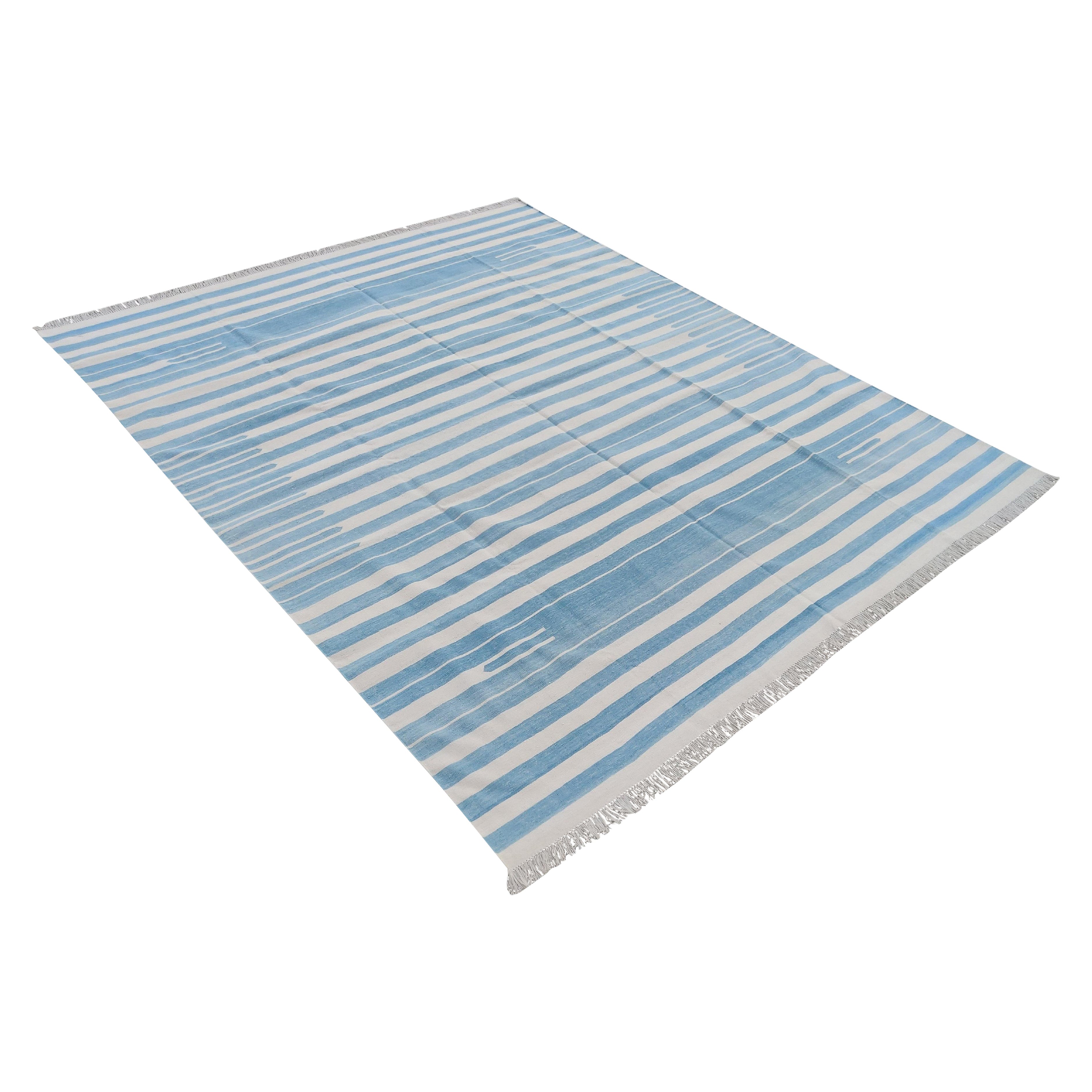 Handmade Cotton Area Flat Weave Rug, 8x10 Blue And White Striped Indian Dhurrie For Sale