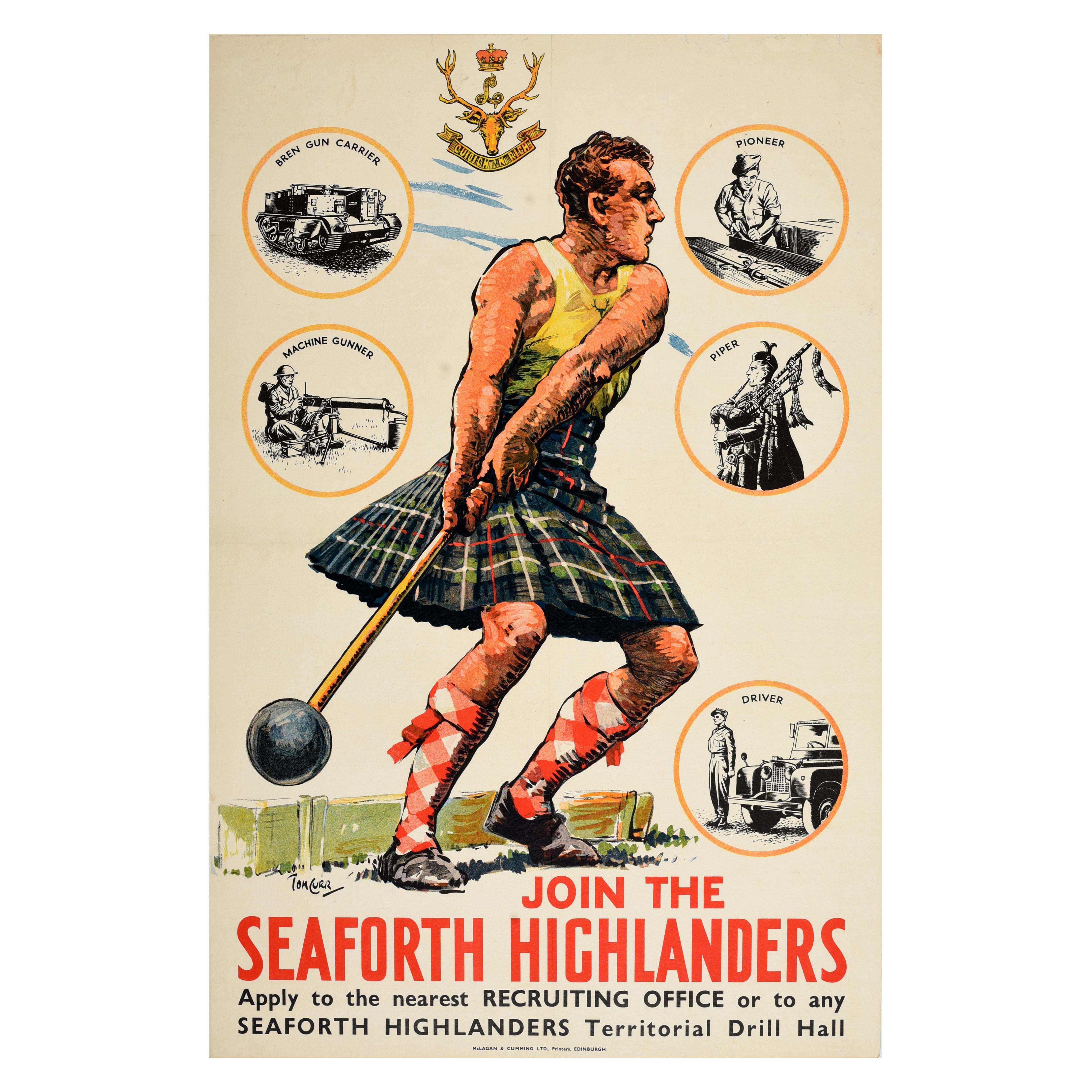 Poster originale d'epoca per il reclutamento Seaforth Highlanders Scottish Hammer Curr