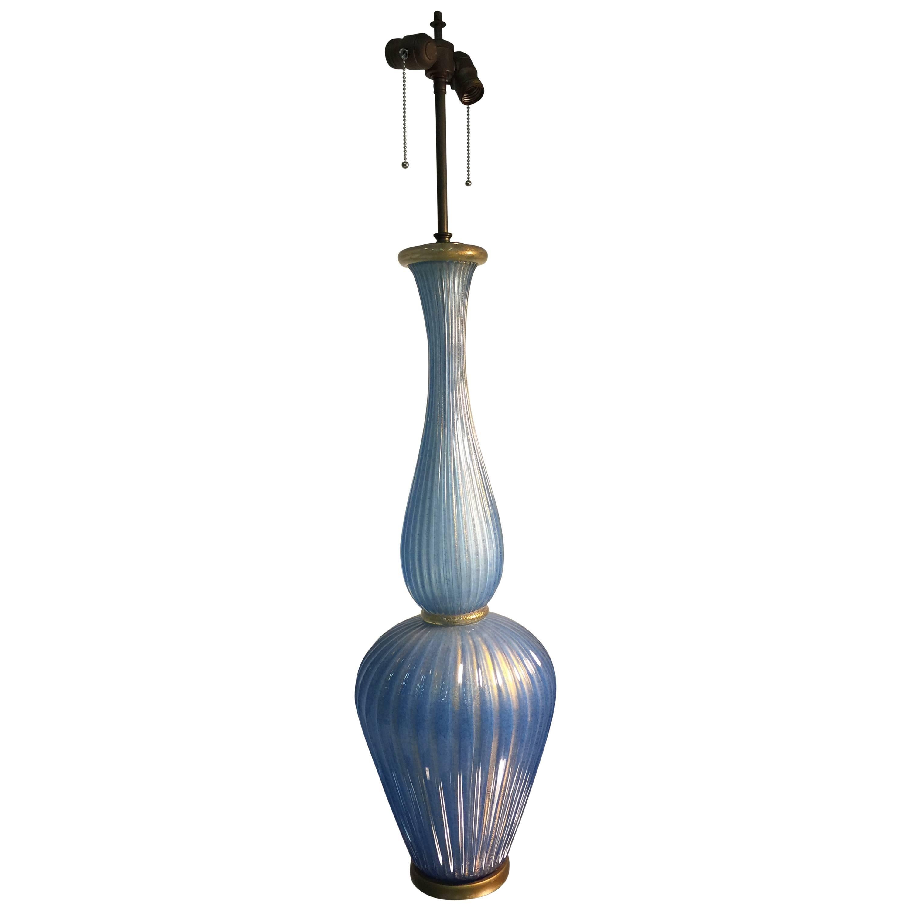 Midcentury Giant Blue Murano Glass Barovier Table Lamp with Gold Flakes For Sale