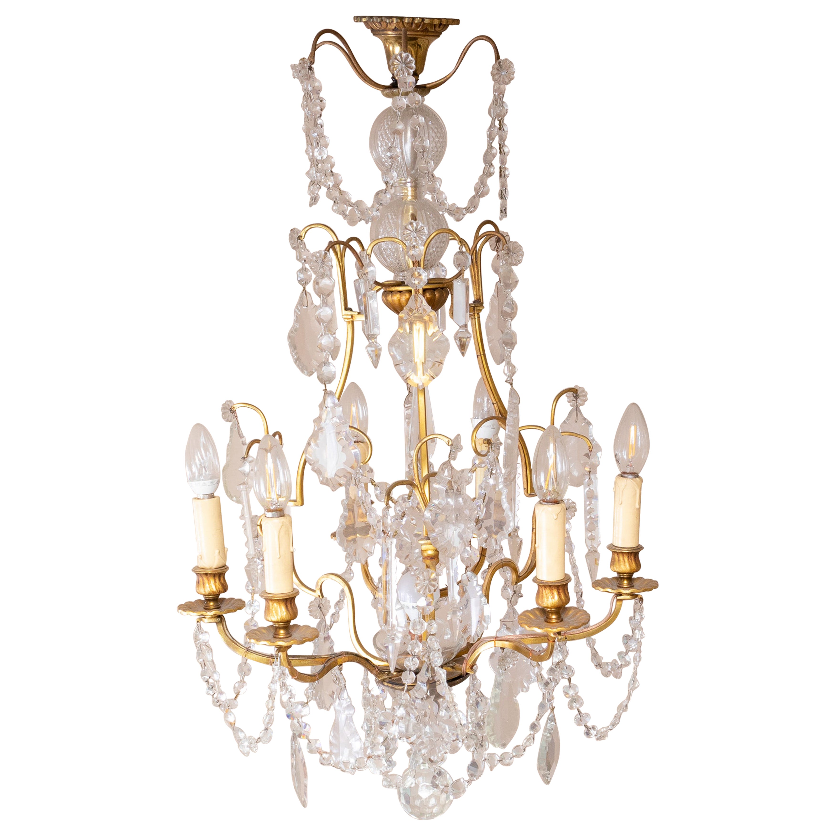 Louis XV Crystal & Bronze Chandelier, Six Lights, 19th Century