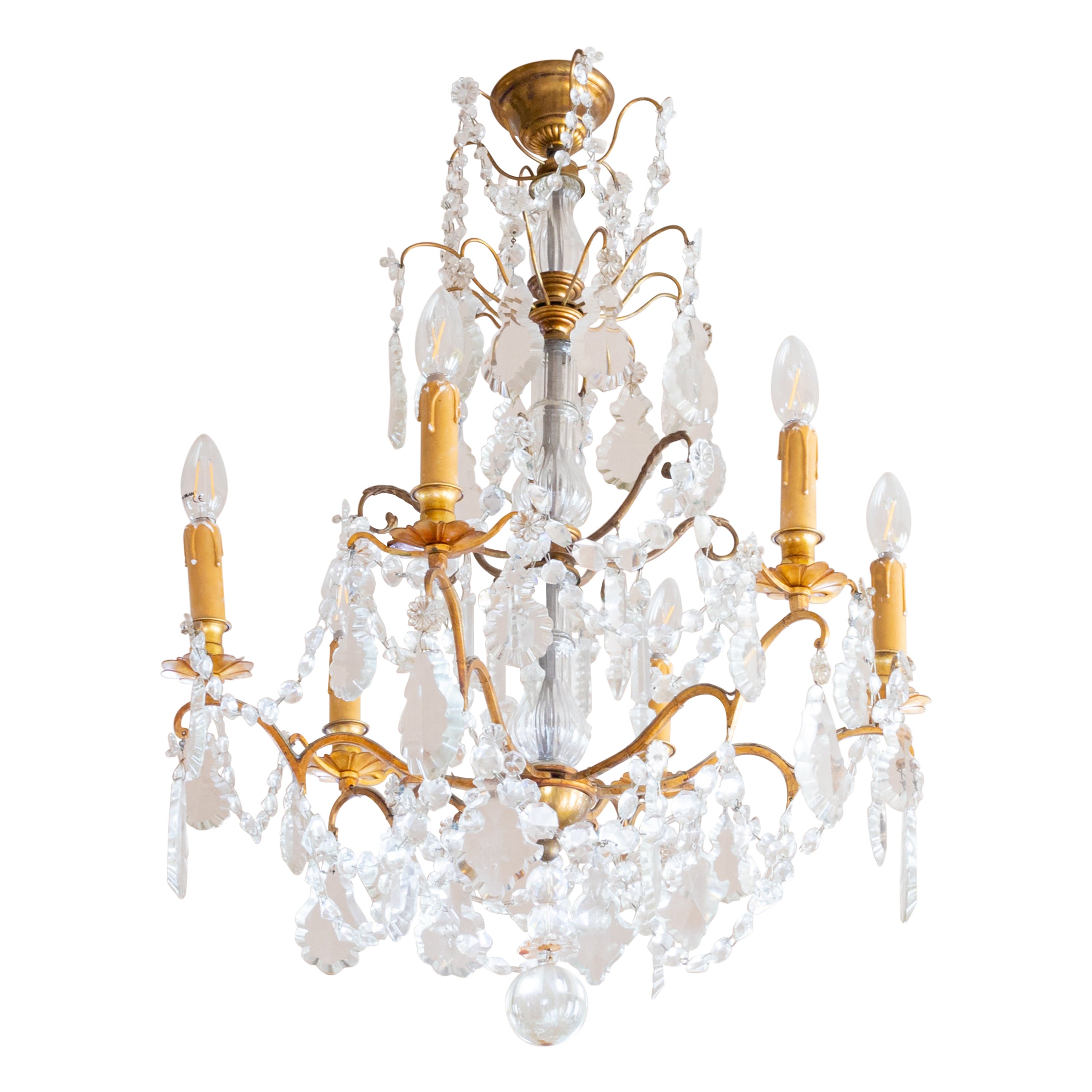 Louis XV Crystal & Bronze Chandelier, Six Lights, 19th Century