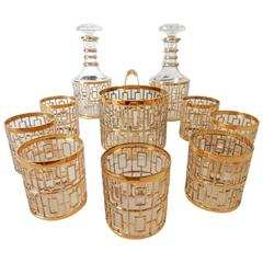 1960's Hollywood Regency Imperial Glass Shoji Gold Barware Set 10 Pieces