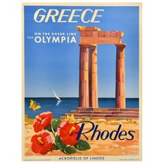 Affiche de voyage originale du Rhodes, Grèce, Acropolis de Lindos, TSS Olympia