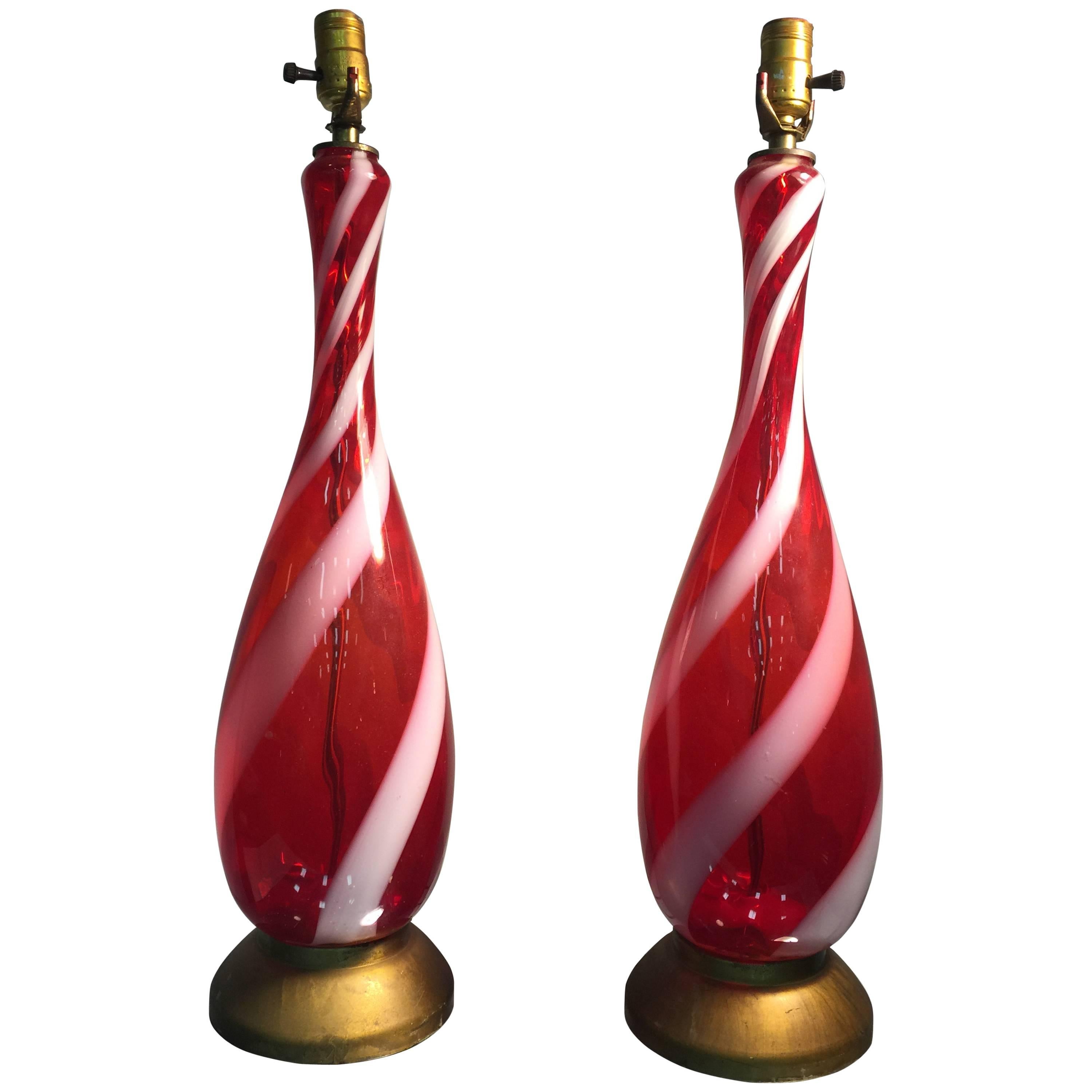 Exquisite Pair of Red and White Stripe Murano Glass Barovier Table Lamps For Sale