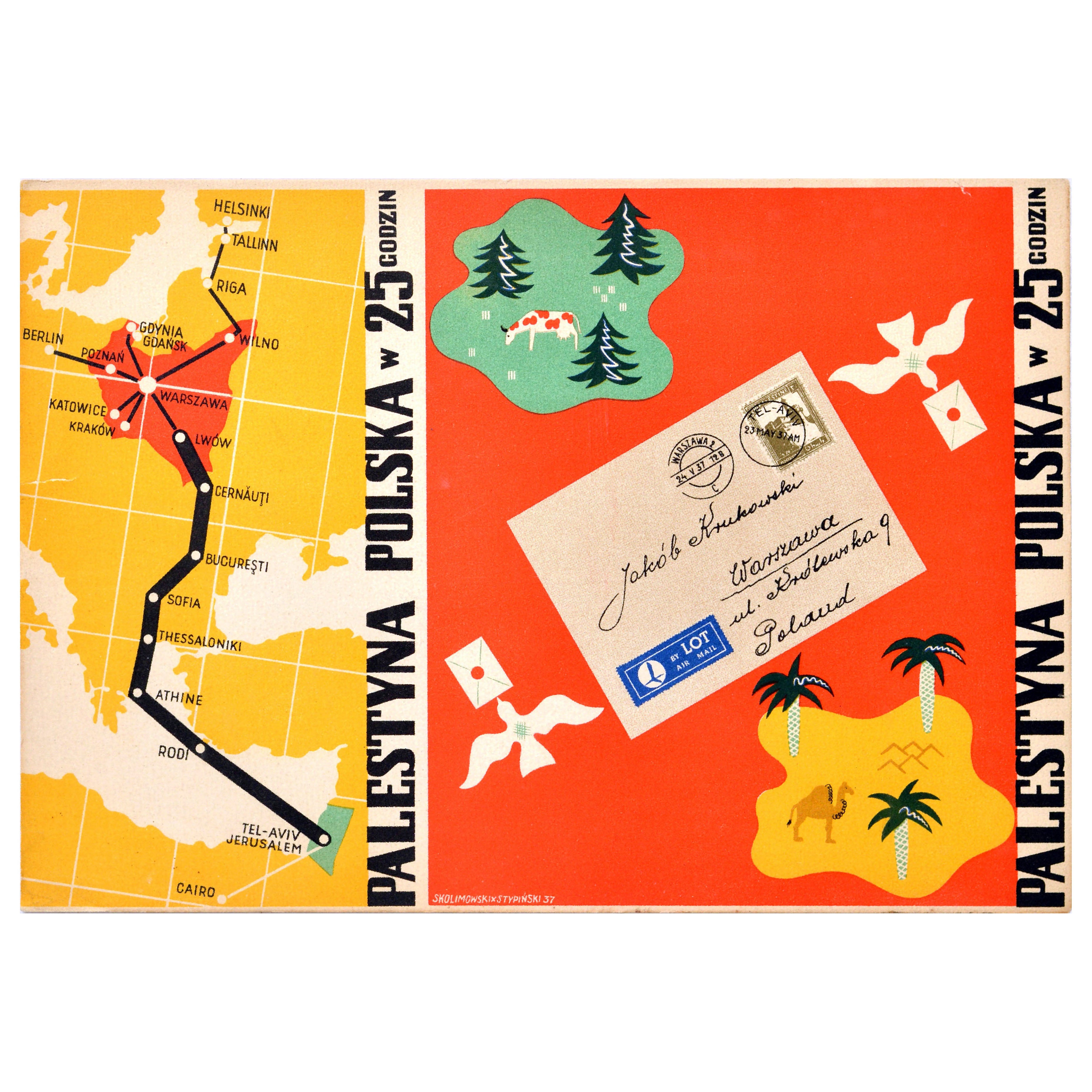 Affiche publicitaire vintage originale de voyage Palestine Pologne LOT Airlines Airmail