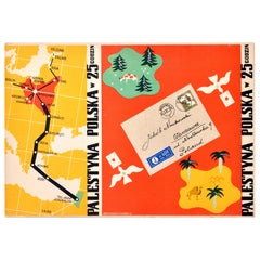 Affiche publicitaire vintage originale de voyage Palestine Pologne LOT Airlines Airmail
