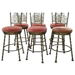 Fantastic Set of Six Mastercraft Bronzed Iron Swivel Stools, circa 1960