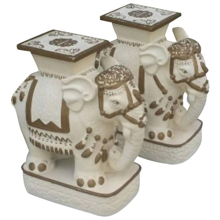 Elephants Pair of Gold White Stools Plant Stands End Side Tables