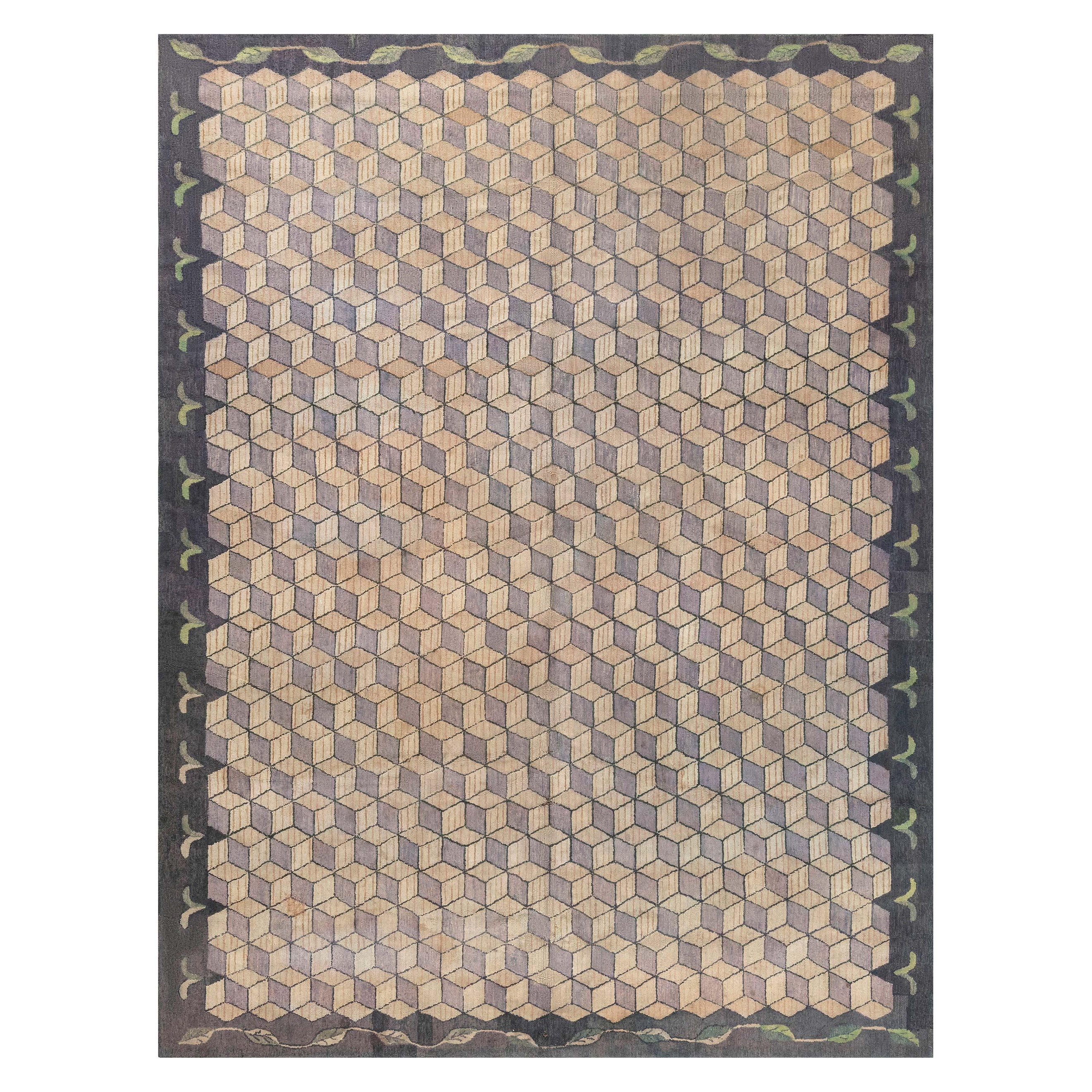 Doris Leslie Blau Alfombra Geométrica Enganchada Americana Vintage