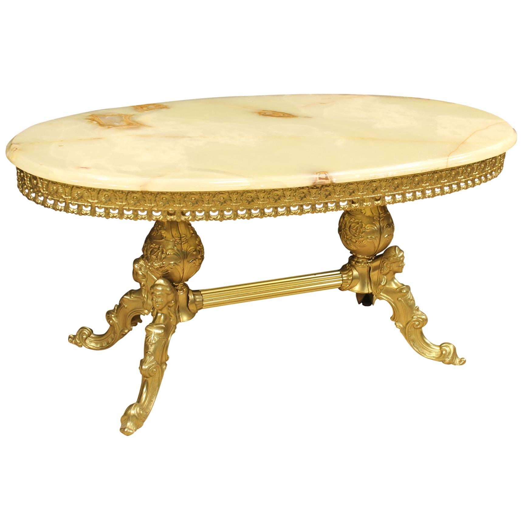 Golden Chiseled Brass Coffee Table with Onyx Top
