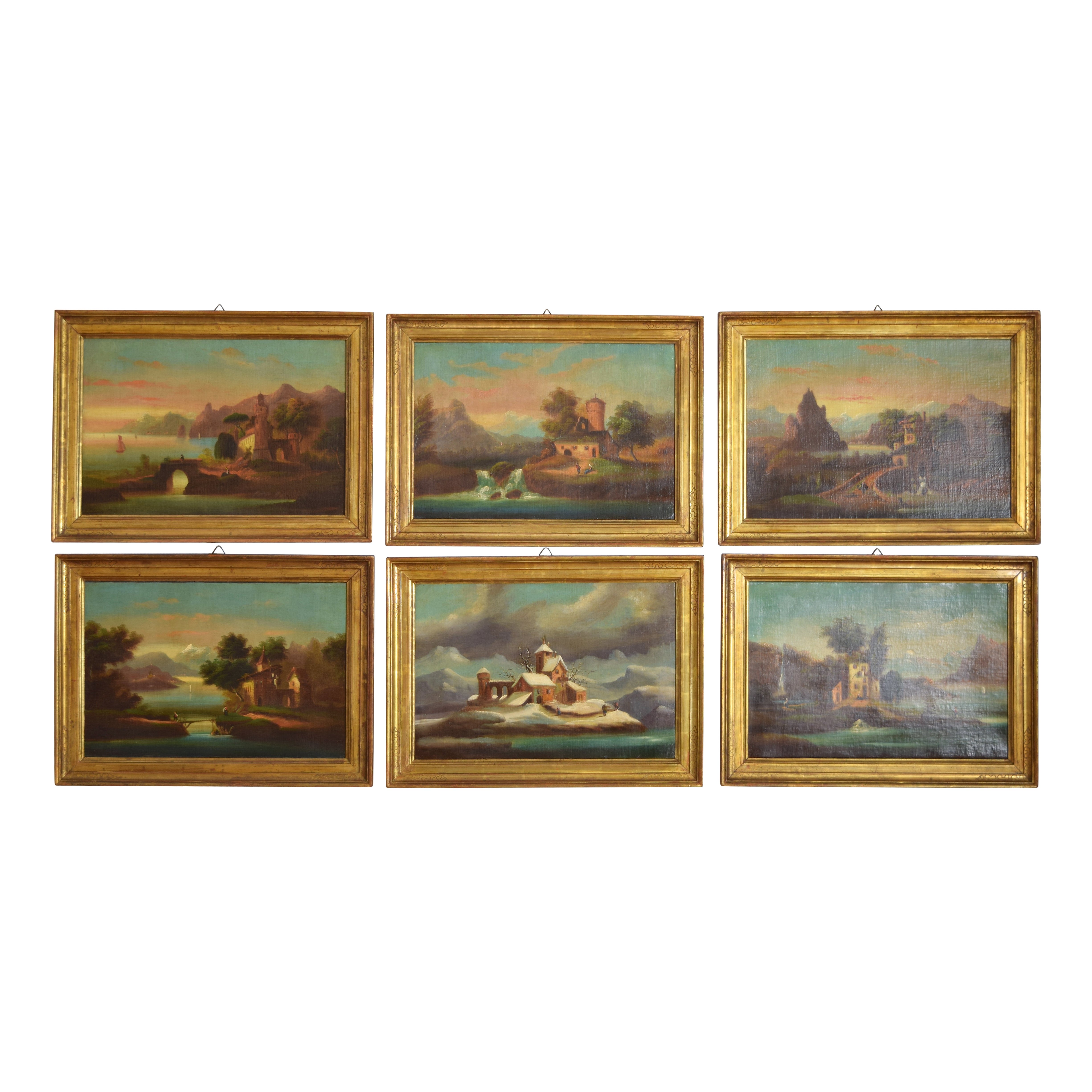 Italienisches Set aus 6 Ölgemälden auf Leinwand, Häuser in Landschaften, Anfang des 19. Jahrhunderts